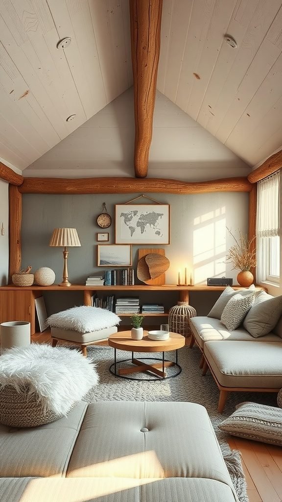 A cozy living room featuring soft colors, wooden beams, and comfortable furniture, perfect for a Therian Room Decor.