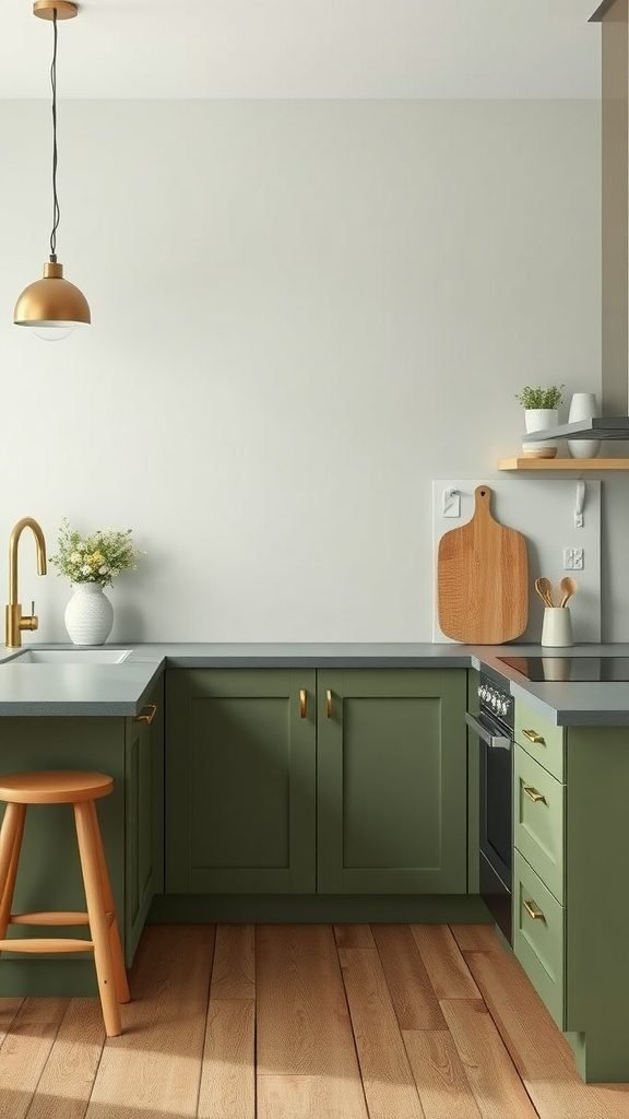 A minimalist olive green kitchen featuring sleek cabinets, gray countertops, and wooden flooring.