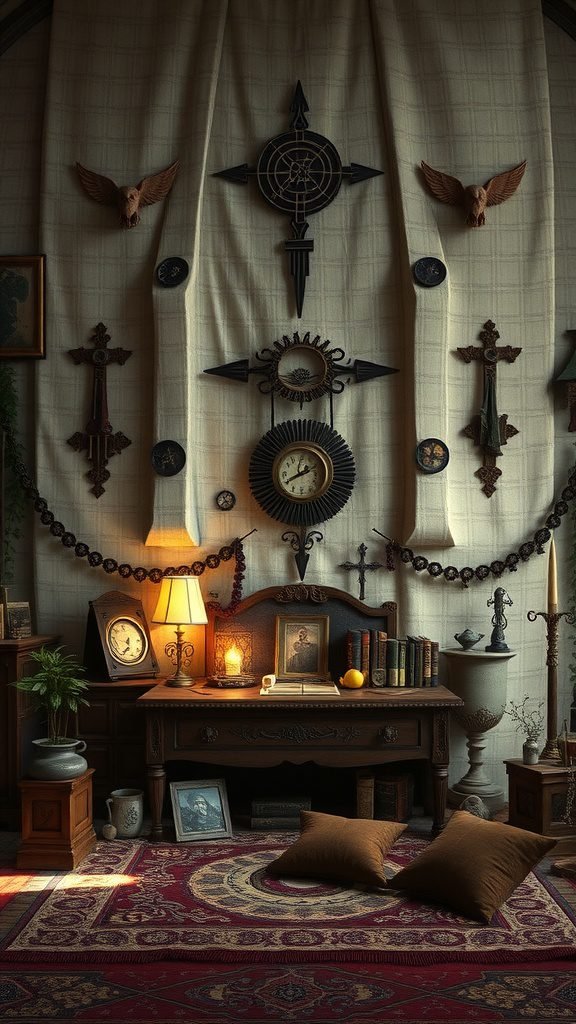 A cozy personal altar featuring a wooden table, decorative wall art, and warm lighting. Therian Room Decor