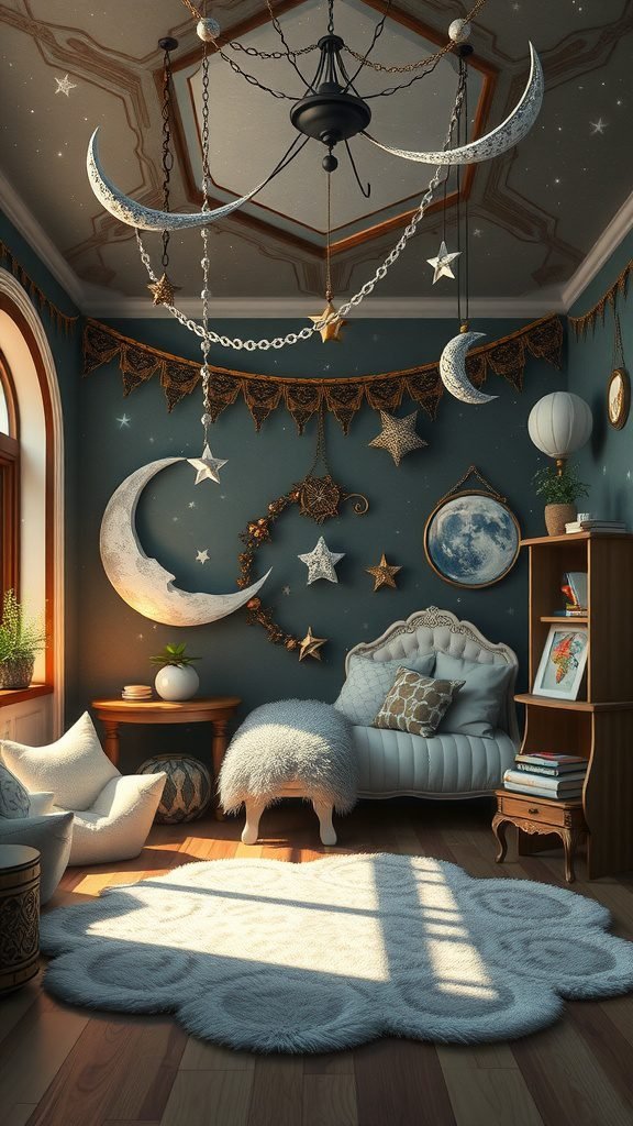 A cozy room decorated with celestial themes, featuring moon and star hanging decorations, a plush rug, and a comfortable seating area. Therian Room Decor