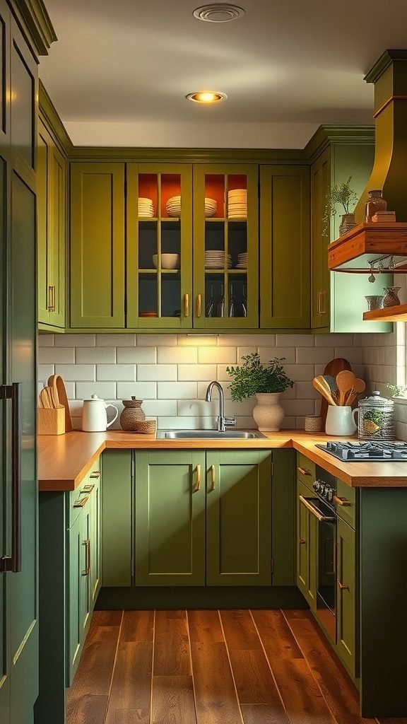 Cozy kitchen featuring olive green cabinets and wooden countertops