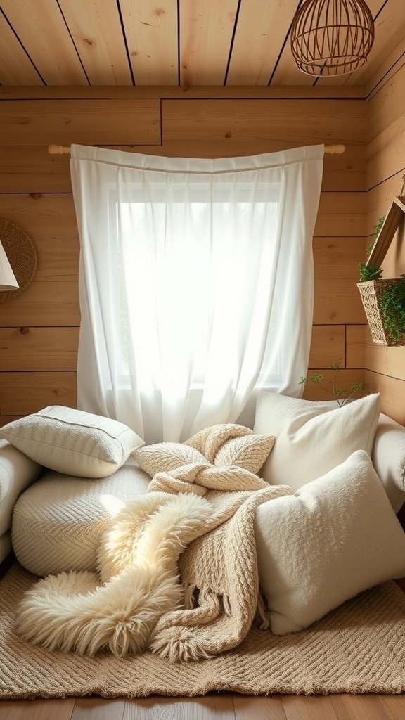 A cozy seating area with a soft couch, pillows, and blankets, bathed in natural light from a window.
