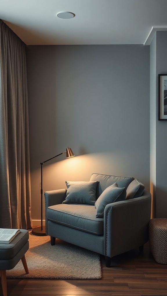 A cozy living room nook featuring a grey couch, soft pillows, a floor lamp, and a small side table.