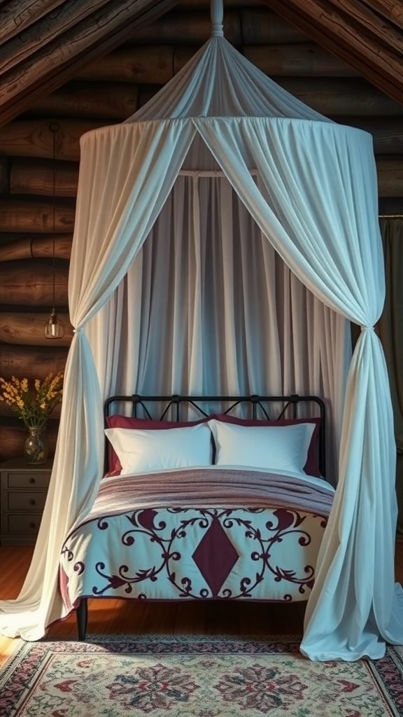A cozy bedroom featuring a canopy over the bed, with wooden walls, decorative pillows, and a patterned rug.