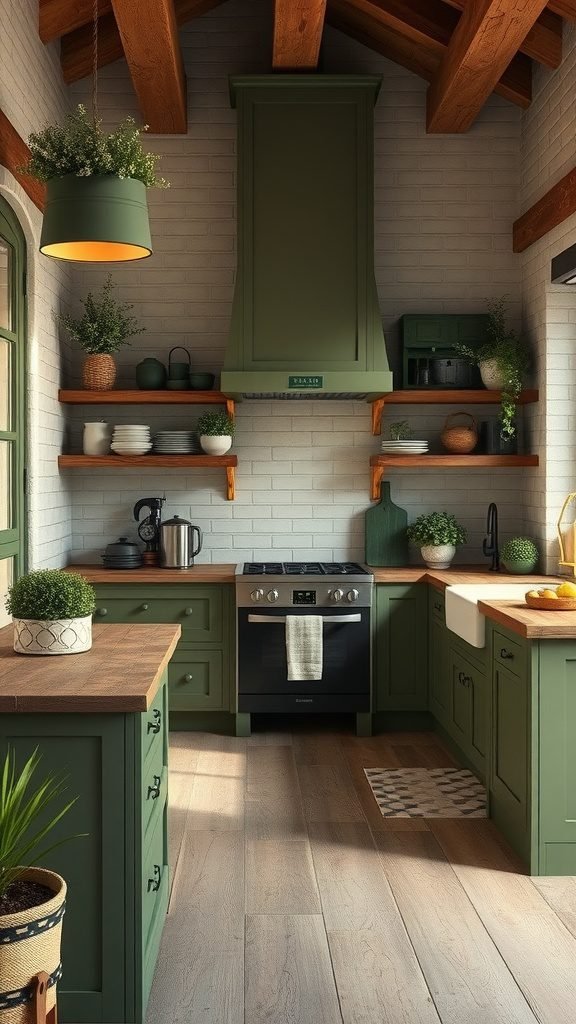 A cozy olive green kitchen featuring wooden beams, open shelves with plants, and rustic decor.