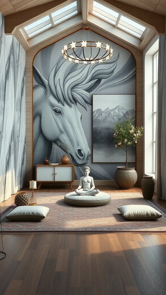 A beautiful meditation space featuring a horse mural, soft cushions, and a calming atmosphere.