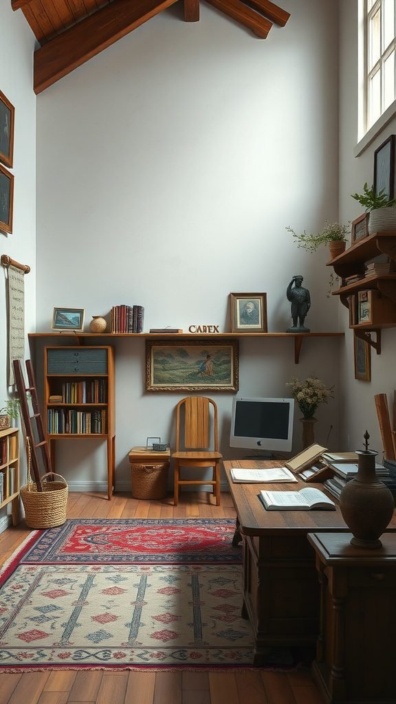 A cozy and inviting room with wooden furniture, bookshelves, plants, and artwork, creating a creative atmosphere.