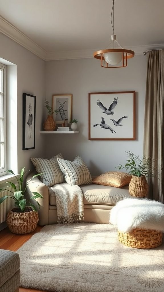 A cozy corner featuring a couch with cushions, plants, and animal-themed artwork.