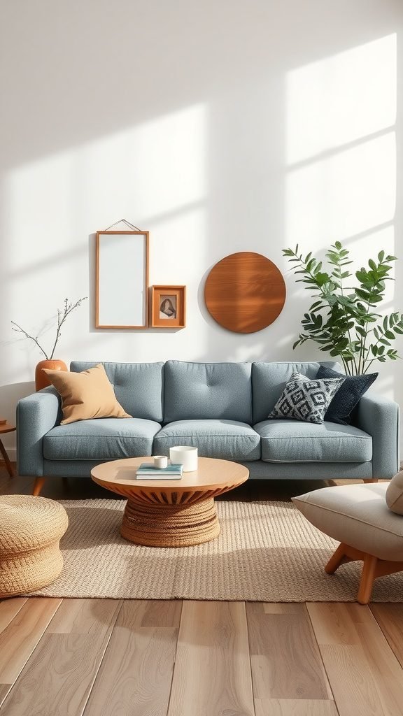 A cozy living room featuring a grey couch with earthy tones and wooden accents.