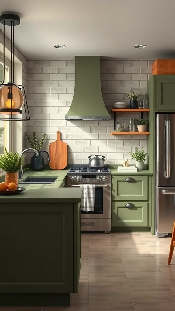 Stylish olive green kitchen with wooden accents and plants