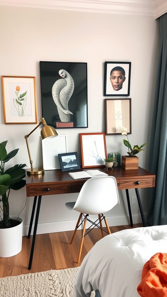 A stylish desk with art displays on the wall, featuring floral prints and motivational quotes. Bedroom Ideas with Desks