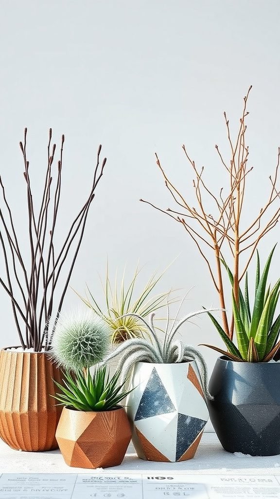 A collection of unique planters filled with various plants, showcasing creative use of recycled materials.