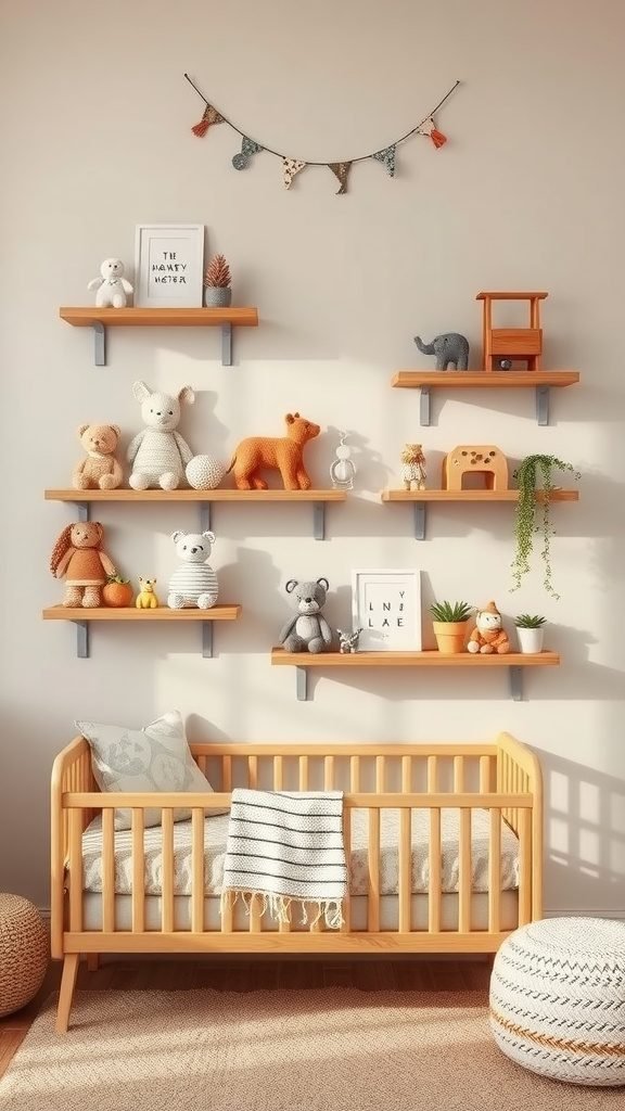A boho baby room with creative wall shelves displaying plush toys and decorative items above a wooden crib.