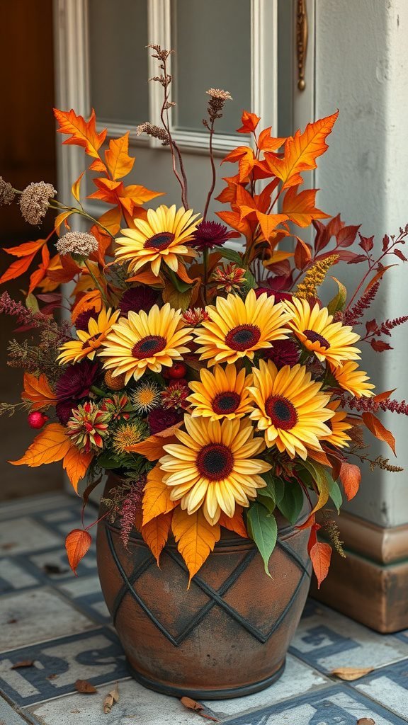 A vibrant autumn floral arrangement featuring sunflowers and colorful autumn leaves in a terracotta pot, displayed on a patterned floor.