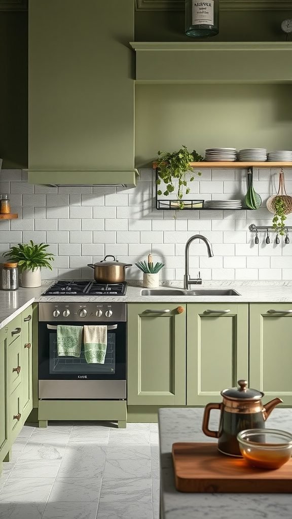 An olive green kitchen featuring modern cabinetry, a stove, open shelving, and plants.