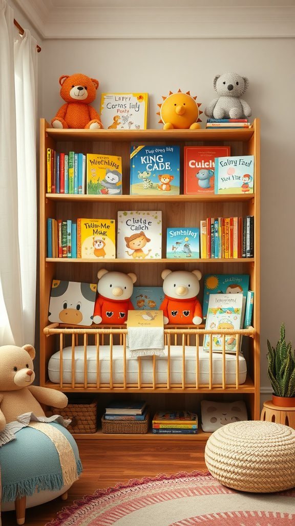 Curated bookshelf in a boho baby room with colorful children's books and plush toys
