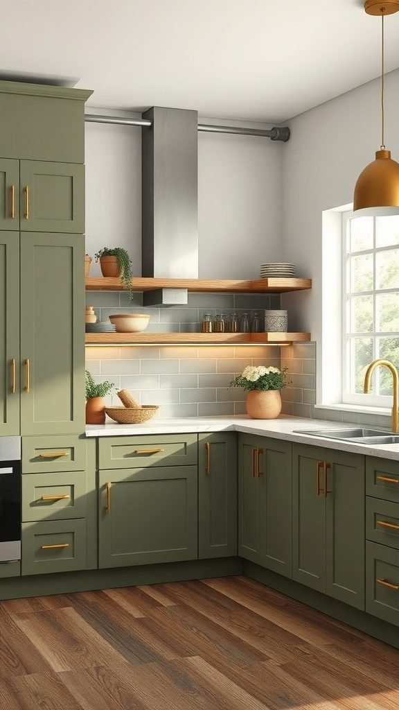 Olive green kitchen with custom cabinets and wooden shelves
