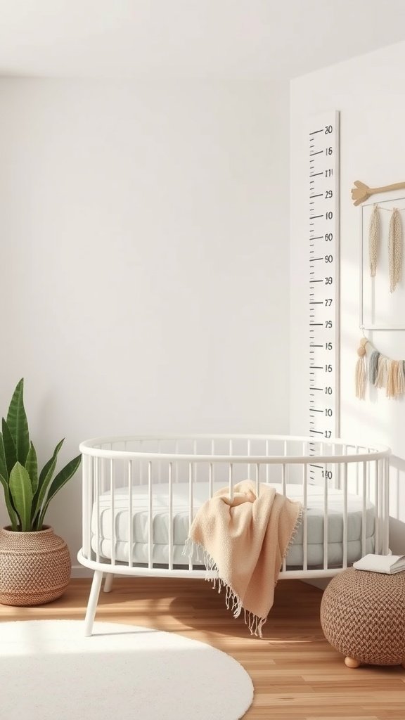 A cozy boho baby room featuring a customizable growth chart, a crib with a blanket, and plants.