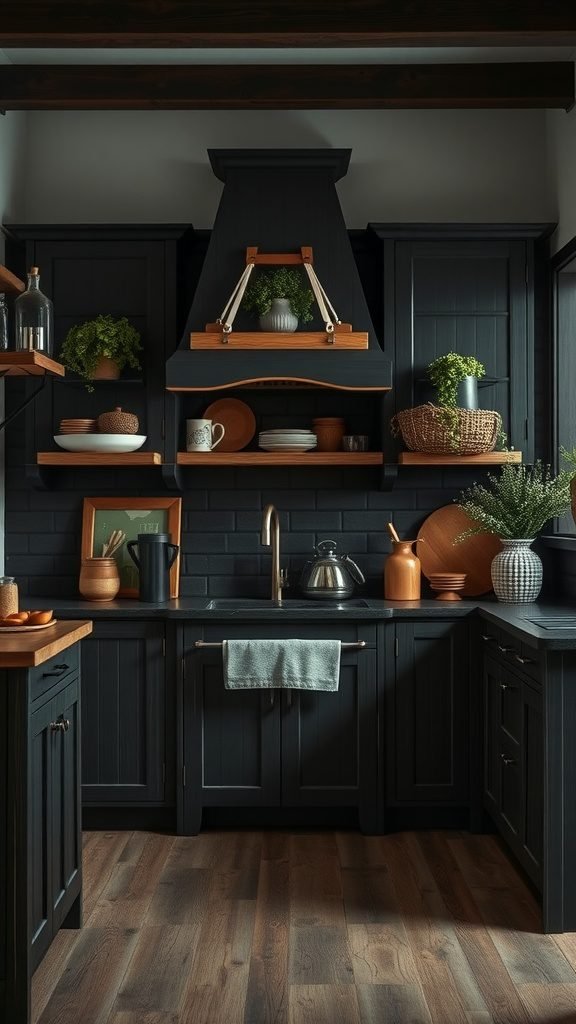 A cozy farmhouse kitchen featuring dark wood cabinetry, open shelves with pots, and wooden accents.