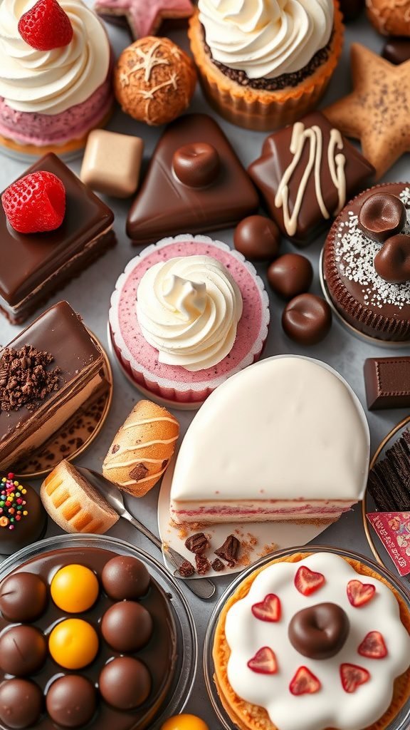 A colorful display of various desserts including cakes, chocolates, and pastries.