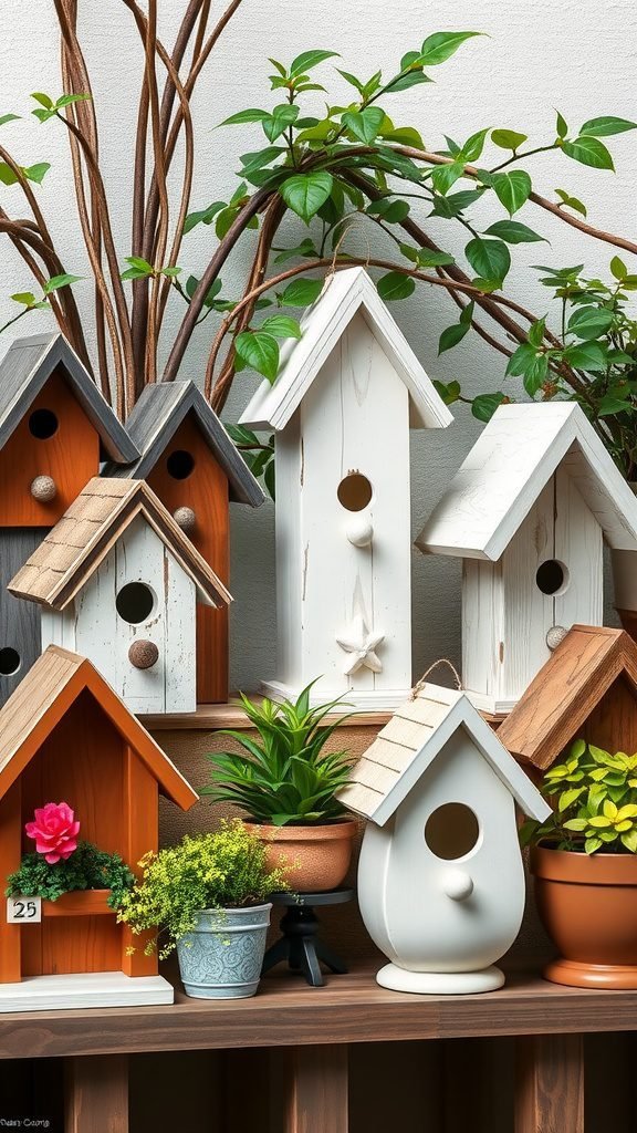 A collection of decorative birdhouses used as planters with plants and flowers.