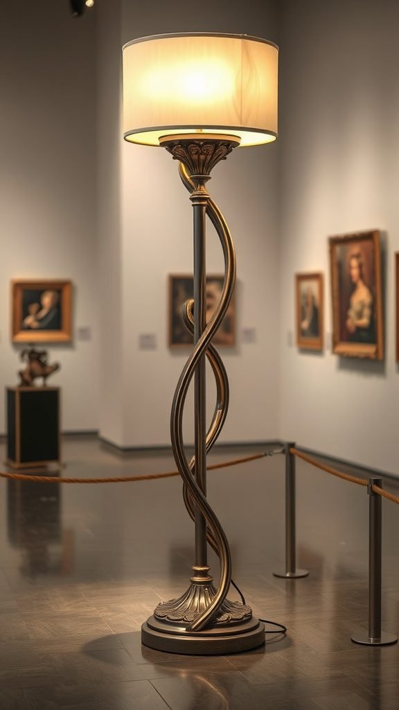 A decorative floor lamp with a twisting design and a warm lampshade, displayed in an art gallery.
