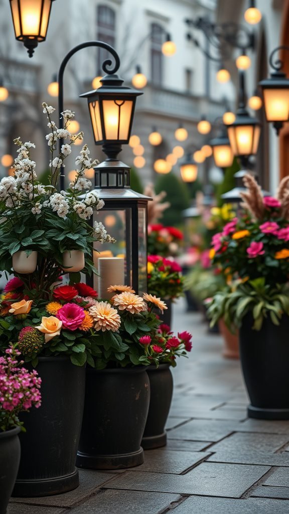 Colorful flower planters with decorative lanterns illuminated at night.