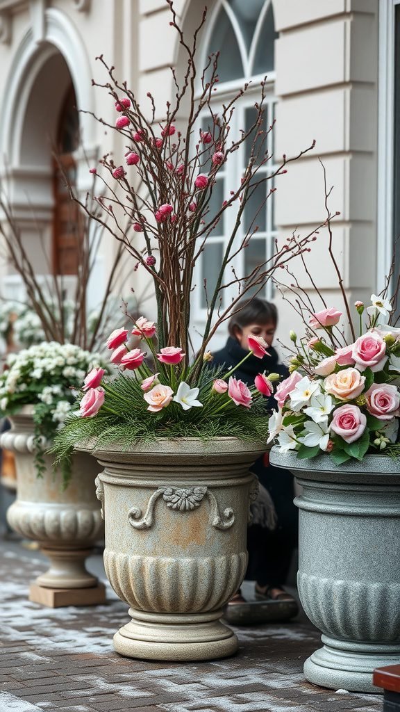 Decorative stone planters filled with flowers and branches on a snowy path