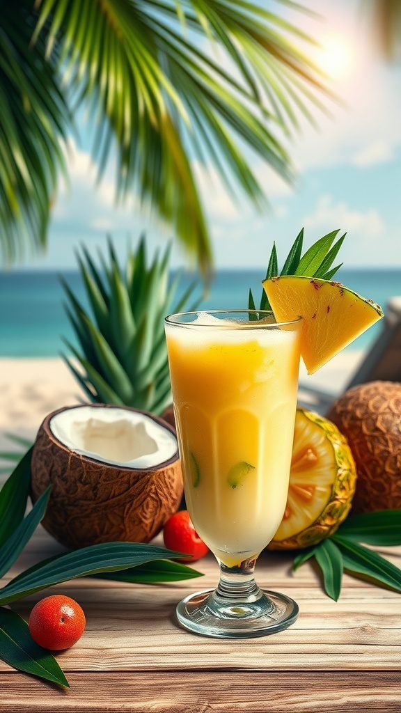 A refreshing Piña Colada cocktail garnished with a slice of pineapple, set against a tropical beach background with palm trees and coconuts.