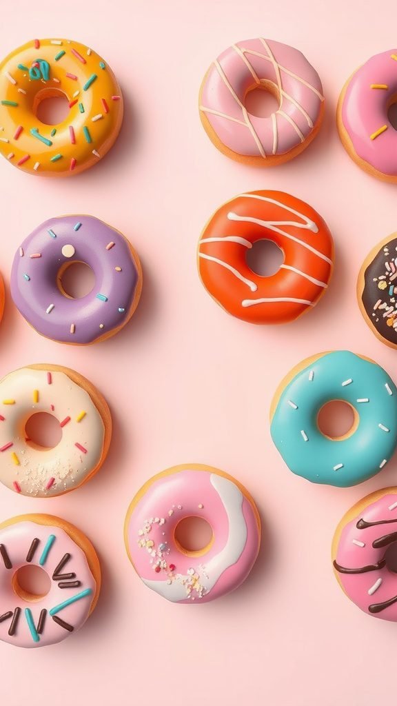 Variety of colorful donuts arranged on a pink background