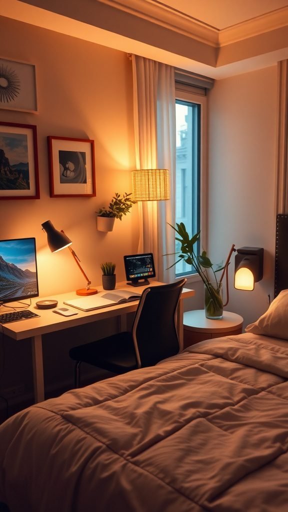 A cozy bedroom workspace with a desk, featuring warm lighting and decorative elements.