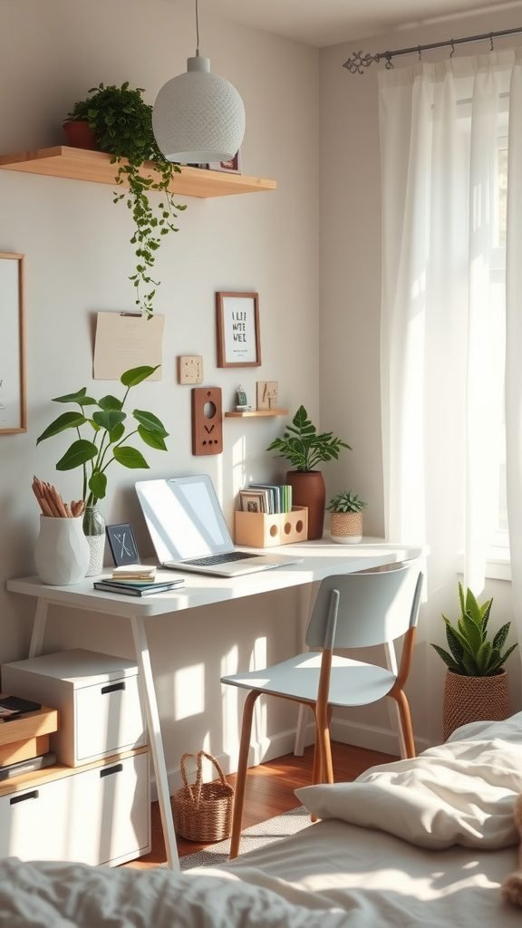 A bright bedroom with a stylish desk nook featuring plants and organized workspace. Bedroom Ideas with Desks