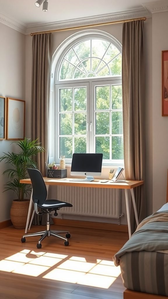 A stylish bedroom with a desk placed by a large window, featuring natural light and a cozy atmosphere.
