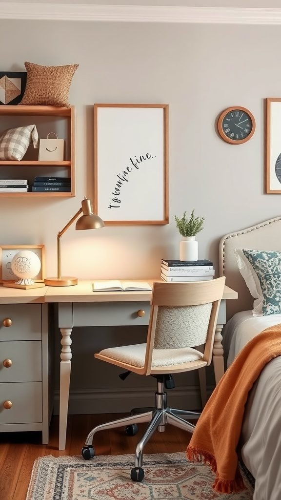 A cozy bedroom featuring a stylish desk with a warm color scheme, complementing the decor.