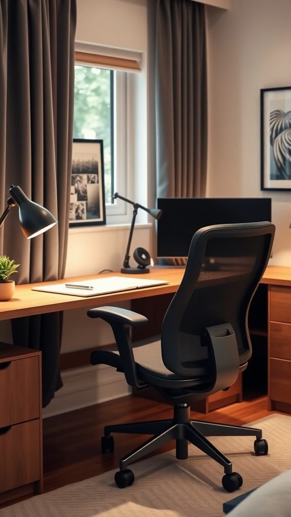 A stylish bedroom workspace featuring a desk and ergonomic chair.