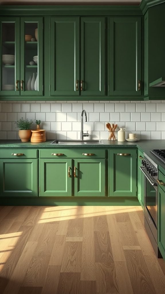 A modern kitchen featuring olive green cabinets with a stylish design, a sink, and wooden flooring.