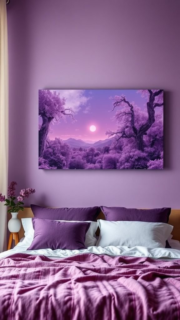 A purple wall art piece depicting a dreamy landscape with purple trees and a sunset in a purple bedroom.