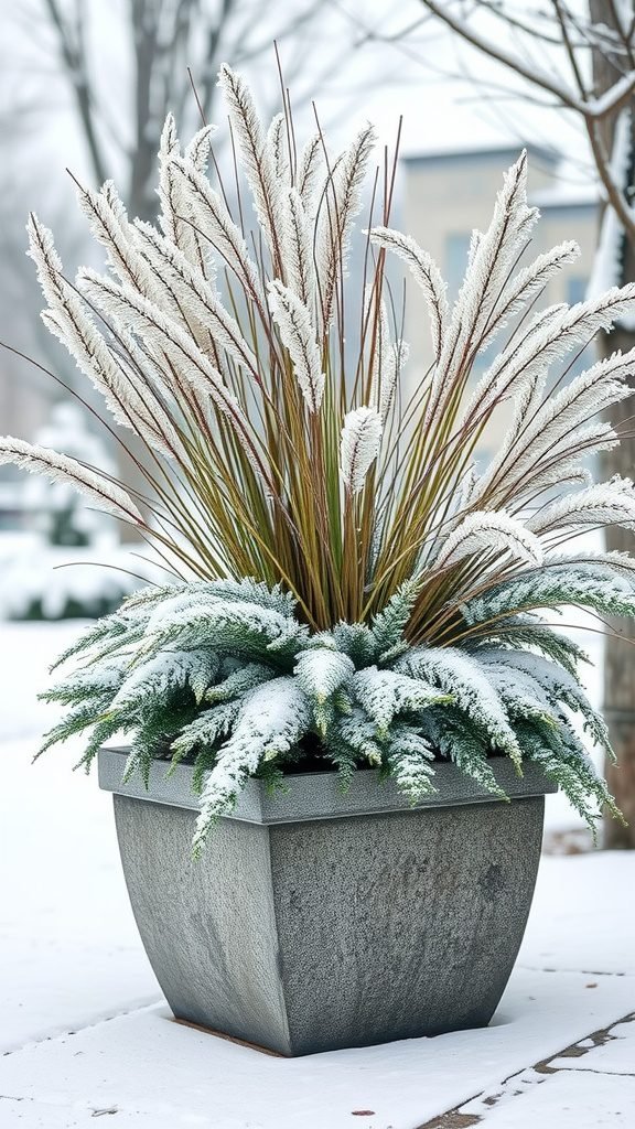 A winter planter with feathery grasses and lush greenery, covered lightly with snow
