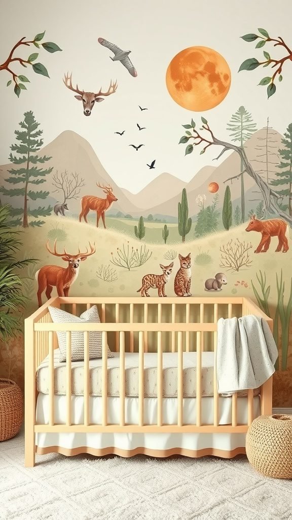 A cozy boho baby room with a nature-themed mural featuring animals and a moon, complemented by a crib and earthy decor.