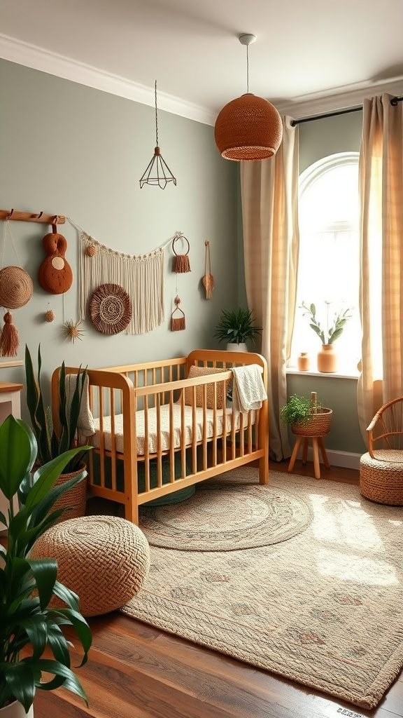 A cozy boho baby room decorated with earthy colors, featuring a wooden crib, wall hangings, and plants.