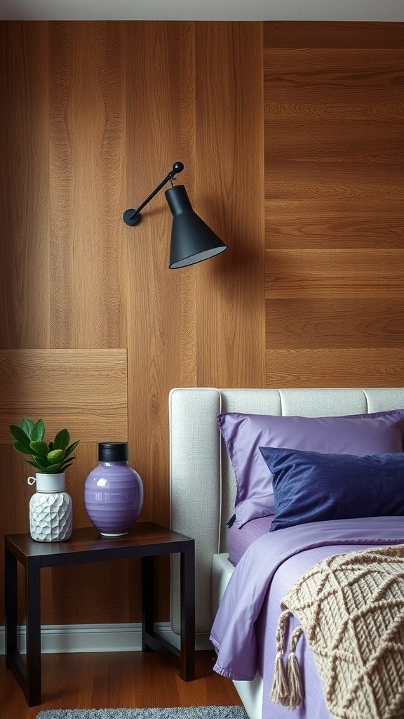 Cozy bedroom with purple bedding and wooden wall accents