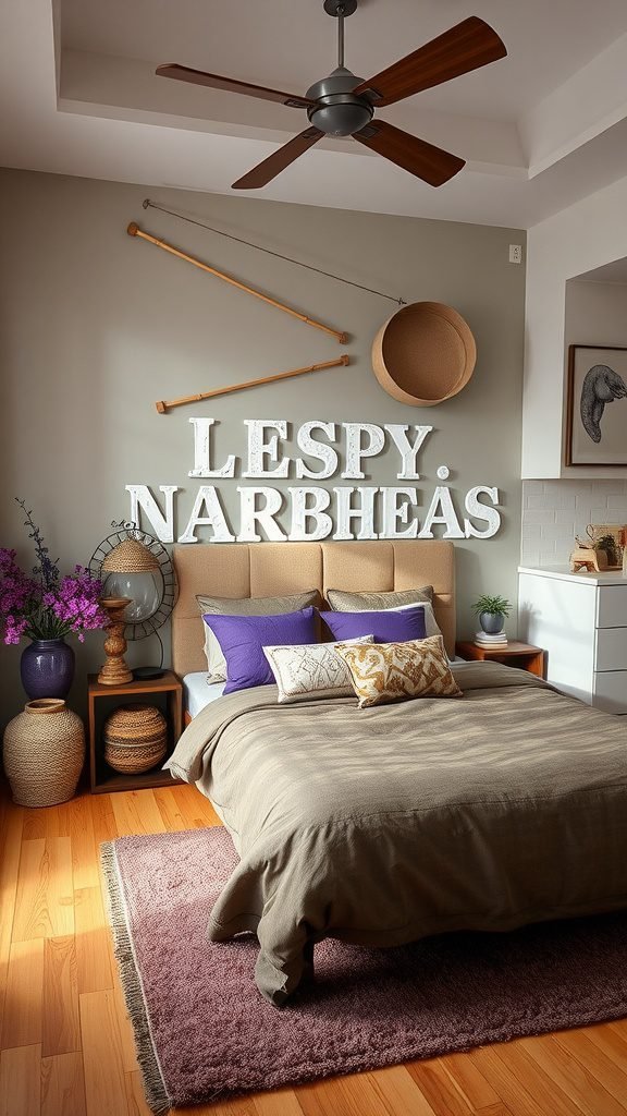 A cozy bedroom featuring earthy tones with purple highlights, showcasing a warm bedding arrangement and decorative elements.