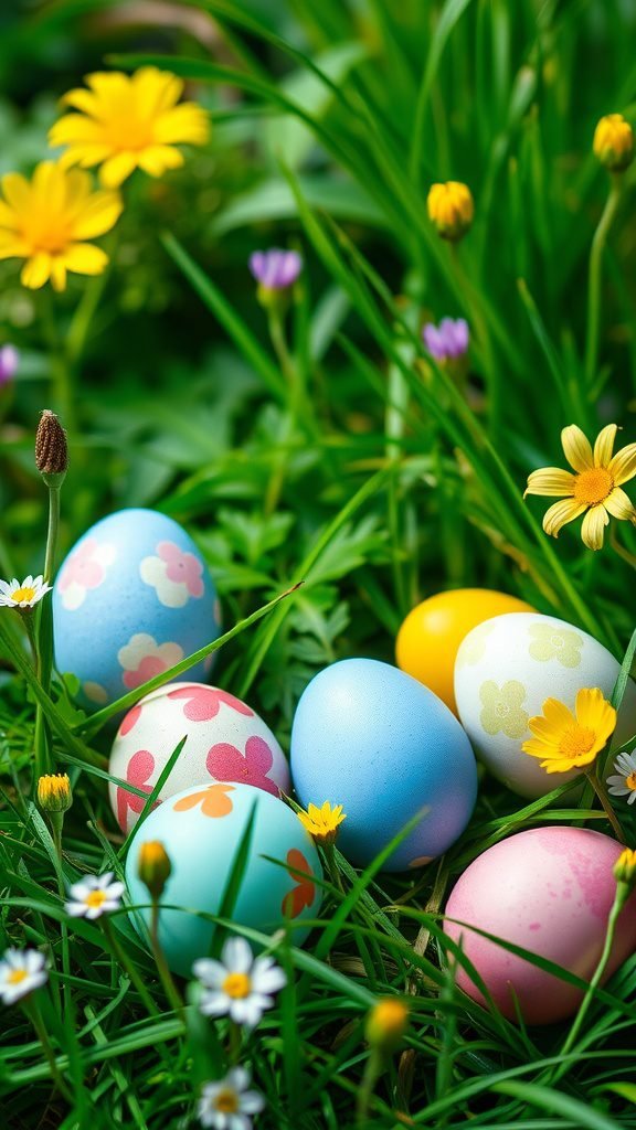 Colorful Easter eggs hidden in grass with flowers