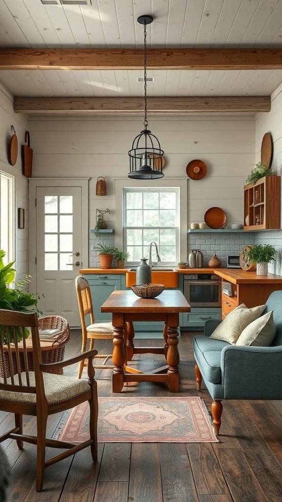 A cozy farmhouse kitchen featuring eclectic furniture, including a wooden table, blue couch, and woven chair.