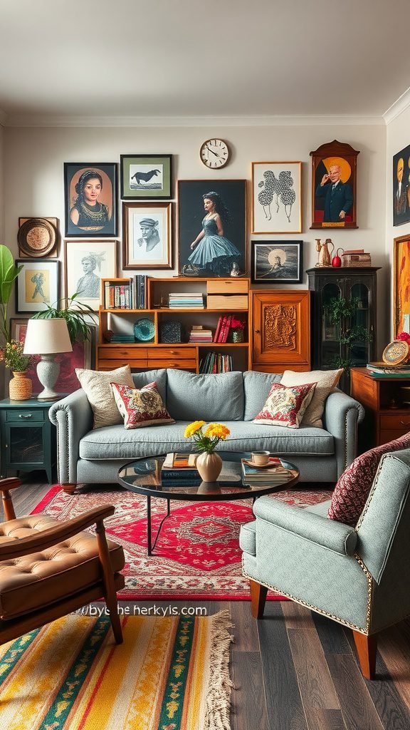 A cozy living room featuring a grey sofa, vibrant red rug, eclectic artwork, and wooden furniture.