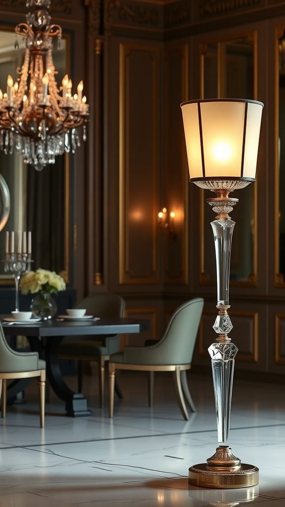 An elegant floor lamp in a formal setting, showcasing a crystal base and a soft shade, situated near a dining area.