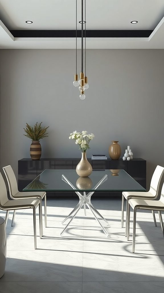 Minimalist dining room featuring a glass table, modern chairs, and a stylish vase with flowers.
