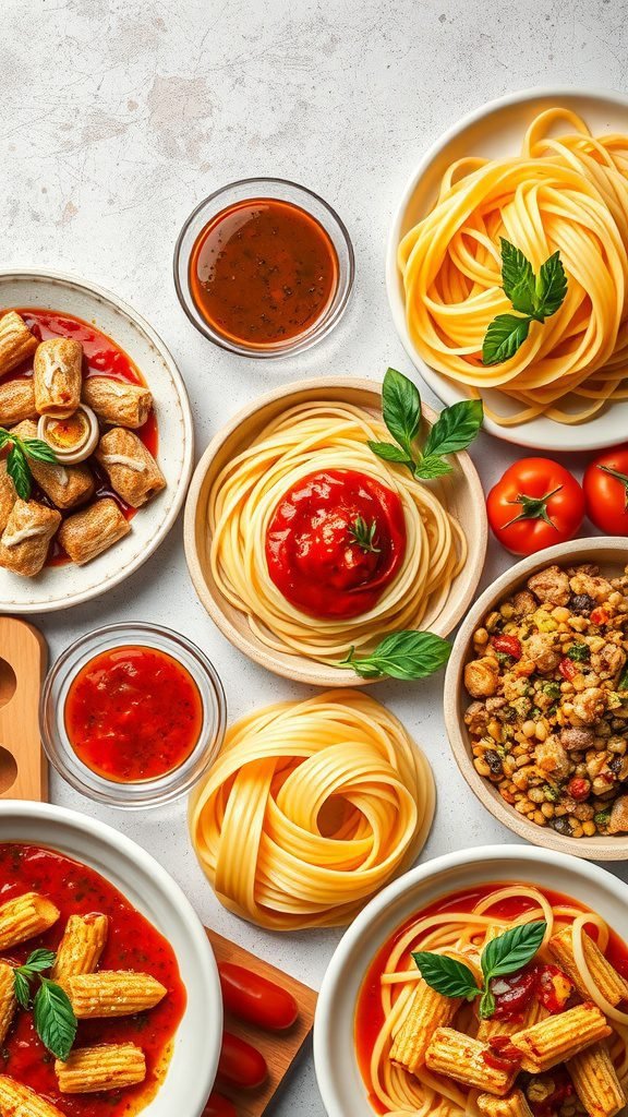 An array of elegant pasta dishes with various sauces, tomatoes, and fresh basil.
