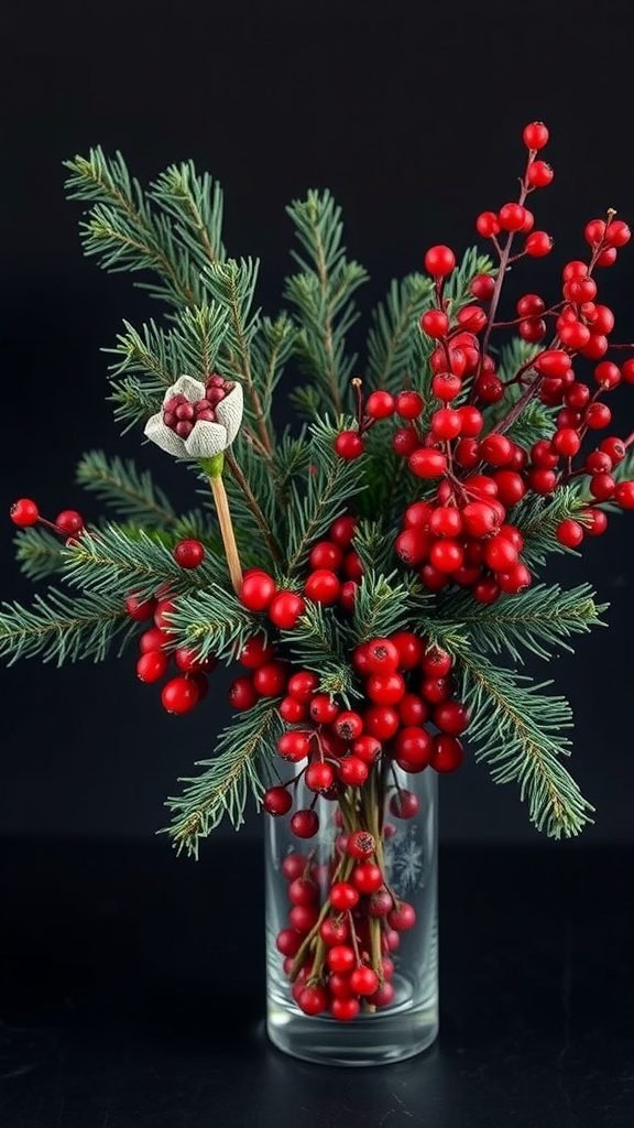 A glass vase filled with winterberry branches and evergreen foliage.