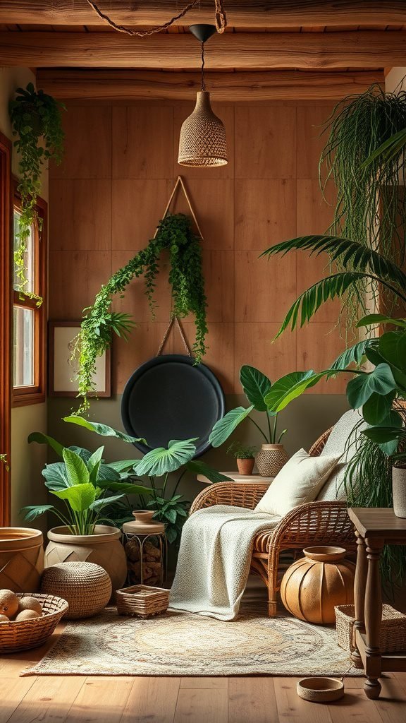 A cozy corner with earthy tones featuring plants, wicker furniture, and warm wooden walls. Therian Room Decor